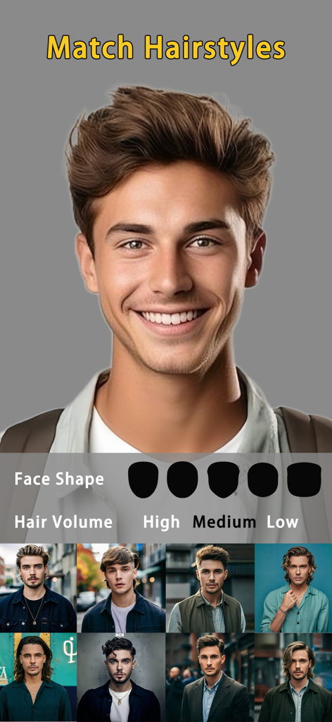 Hair AI: Hairstyle Try-On - The Hair AI app interface for matching men's hairstyles with options for face shape and hair volume.