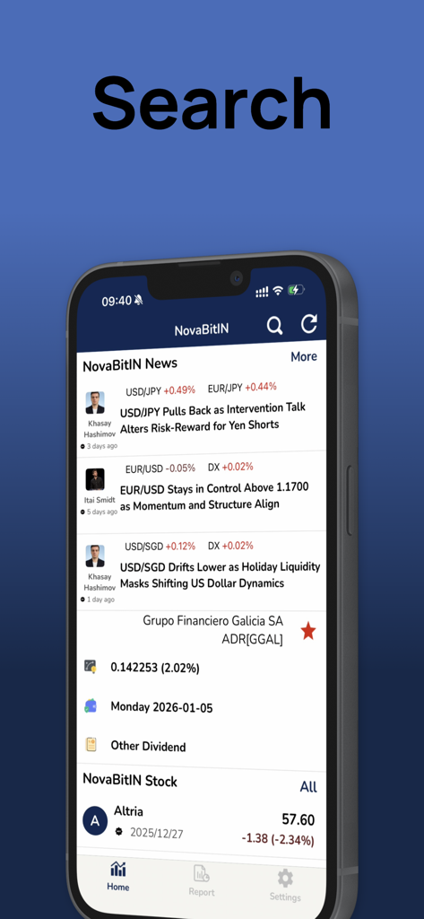 NovaBit-IN - NovaBit-IN app home screen with a Search heading, financial news articles, and real-time stock and currency data.