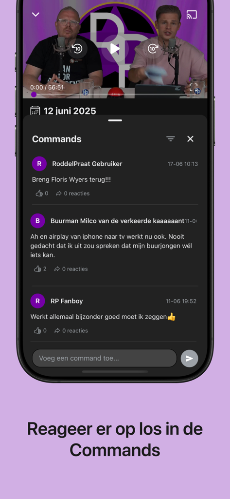 RoddelPraat Extra app interface showing a video player and interactive community comments section