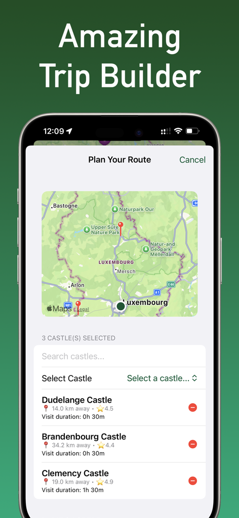 Interfaccia dell'app mobile che mostra un costruttore di viaggi per i castelli del Lussemburgo con una mappa e un elenco di località selezionate come i castelli di Dudelange e Brandenbourg.