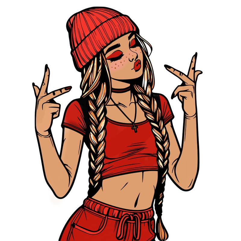 realistic teenage girl with braids and a beanie and crop top doing 🫶🏼