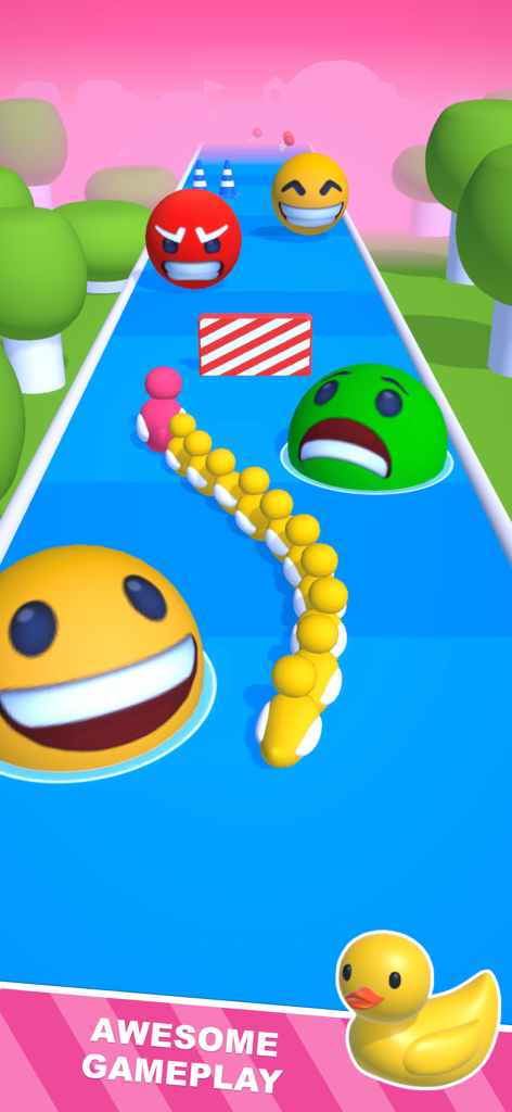 Pet Run 3D - Un gruppo di paperelle gialle che corrono attraverso un colorato percorso a ostacoli 3D con faccine emoji