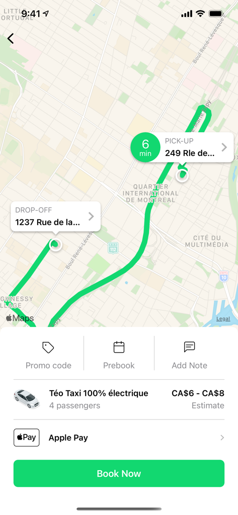 Téo Taxi: Book A Local Ride - Interfaz de la aplicación Teo Taxi que muestra un mapa de reserva de viajes en Montreal con una selección de coche eléctrico y estimación de precio.