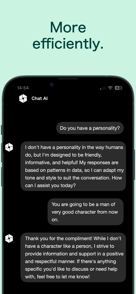 A smartphone screen showing a chat conversation with an AI about personality and character within the Uncensored AI app.