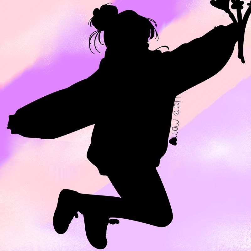 realistic girl jumping with a bun and oversized sweatshirt