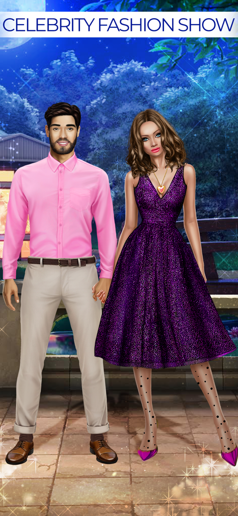 Celebrity Fashion Show Games - Una pareja de celebridades elegante vestida con una camisa rosa y un vestido morado brillante para un desfile de moda nocturno