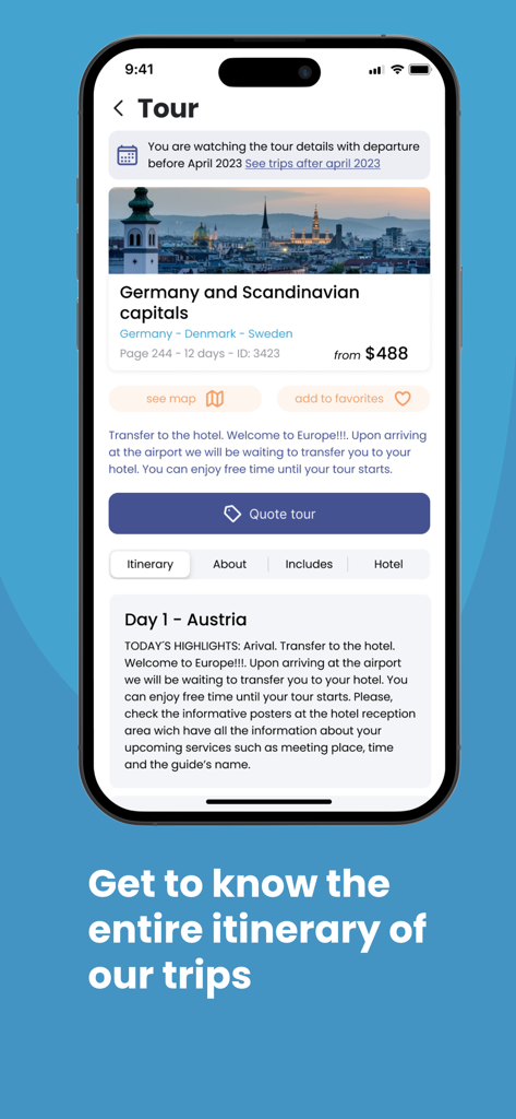 La app móvil Europamundo mostrando un itinerario detallado del tour por Alemania y capitales escandinavas con información de viaje y opciones de reserva