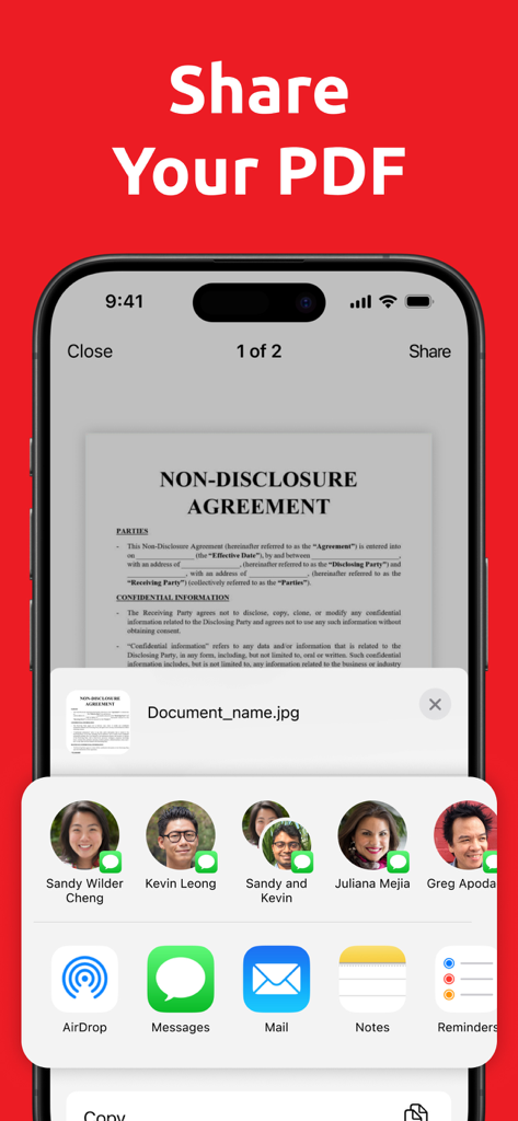 PDF Converter & PDF Makerㅤ - iPhone screen showing a PDF document being shared through the iOS system menu
