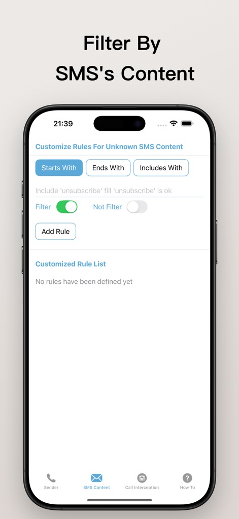 Quiet - Filter Spam SMS & Call - Interface de l'application Quiet montrant comment créer des règles personnalisées pour filtrer les SMS indésirables en fonction des mots-clés du contenu du message