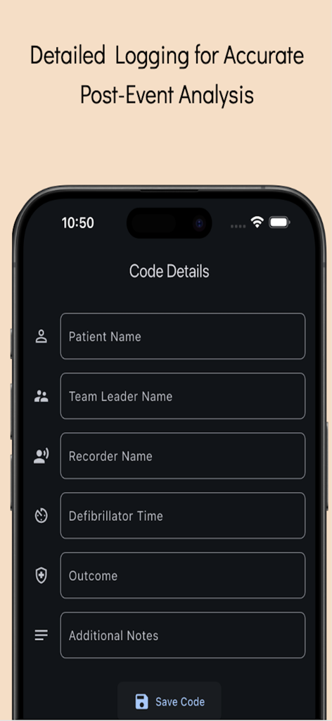 Code Blue: CPR Event Timer - Code Blue app screen showing a form for logging patient and team details during a cardiac arrest event