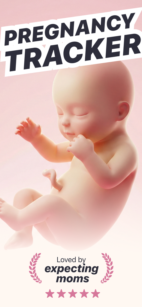 Pregnancy Tracker Baby Lua app showing 3D baby illustration and high rating