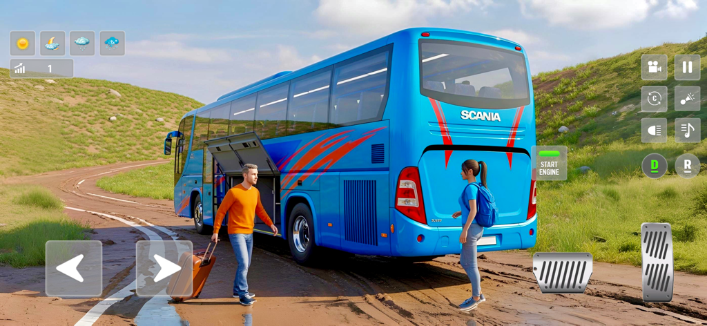 Trip Bus Simulator - Bus Games - Um ônibus turístico azul em uma estrada cênica na encosta com passageiros carregando bagagens no Trip Bus Simulator.