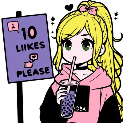 girl with a high ponytail and a hoodie drinking boba staring at a sign saying 10 likes please