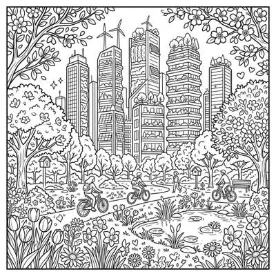 Immerse yourself in a beautiful spring landscape where sustainable skyscrapers meet lush natural beauty. This unique coloring page invites you to bring an eco-conscious city to life with your favorite colors.