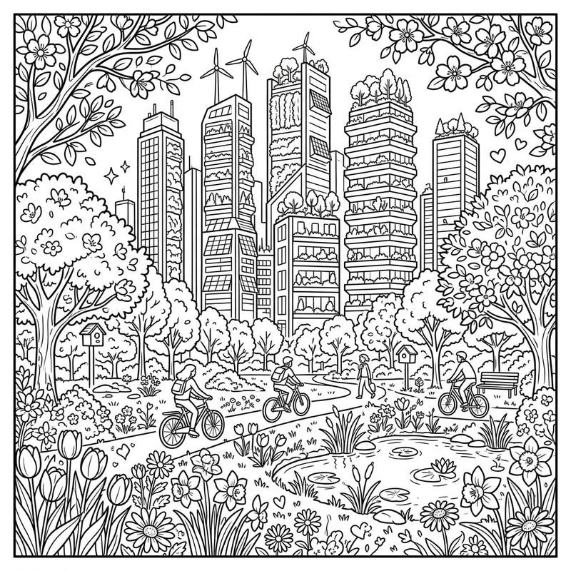 Immerse yourself in a beautiful spring landscape where sustainable skyscrapers meet lush natural beauty. This unique coloring page invites you to bring an eco-conscious city to life with your favorite colors.