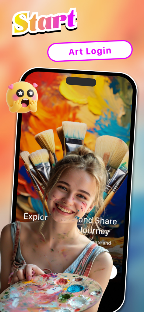 Tinko app start screen with an artist holding a paint palette and an Art Login button