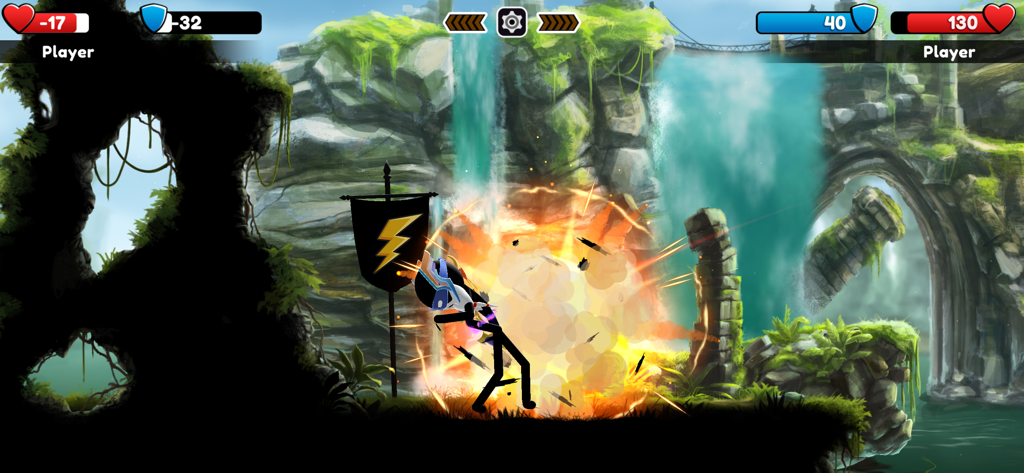 Archers Online: PvP - Stickman archer in a PvP battle with an explosion effect and waterfall background