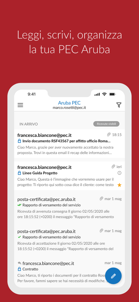 Aruba PEC mobile app interface showing an inbox with certified email messages and a compose button