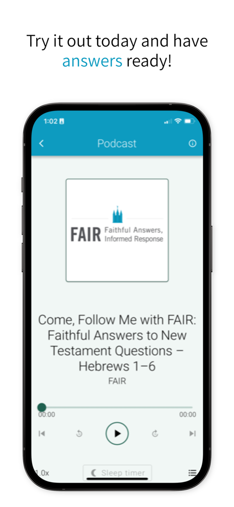 Faithful Answers - Interfaz del reproductor de podcasts en la aplicación Faithful Answers que muestra un episodio de estudio religioso.