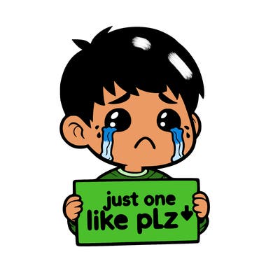 realistic crying boy with a sign saying just one like plz