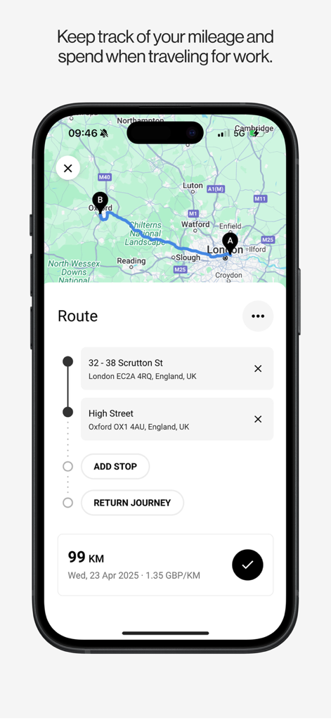Pleo - Pleo mobile app interface showing business mileage tracking with a route map between London and Oxford