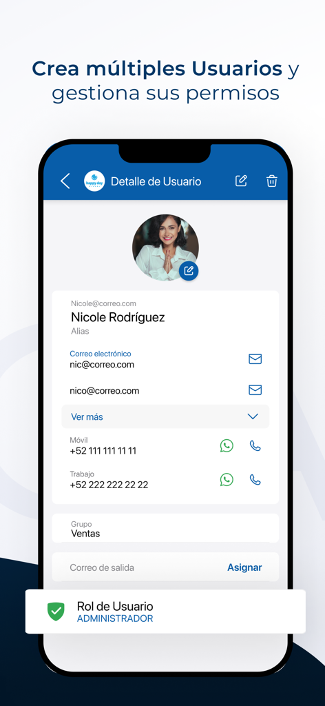 SICAR X Point of Sale - Pantalla de gestión de perfiles de usuario en la aplicación SICAR X Punto de Venta que muestra detalles de contacto y rol de administrador.