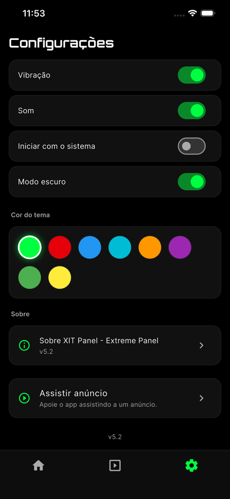 XIT Panel - Extreme Panel - Pantalla de configuración de la aplicación XIT Panel que muestra la selección del color del tema y los interruptores de vibración y sonido