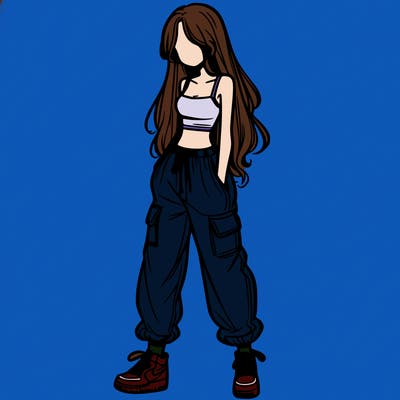 girl in baggy pants crop top and long hair