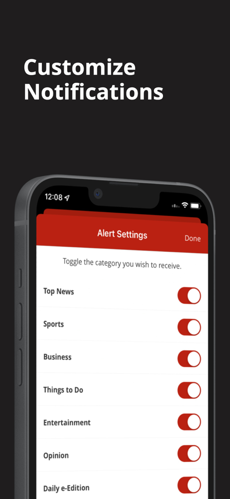Pantalla de configuración de alertas de la aplicación móvil Oneida Dispatch para personalizar las notificaciones de noticias.