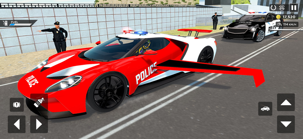 Flying Car Game: Police Games - A red and white police sports car with wings deployed on a city street in a flying car simulator