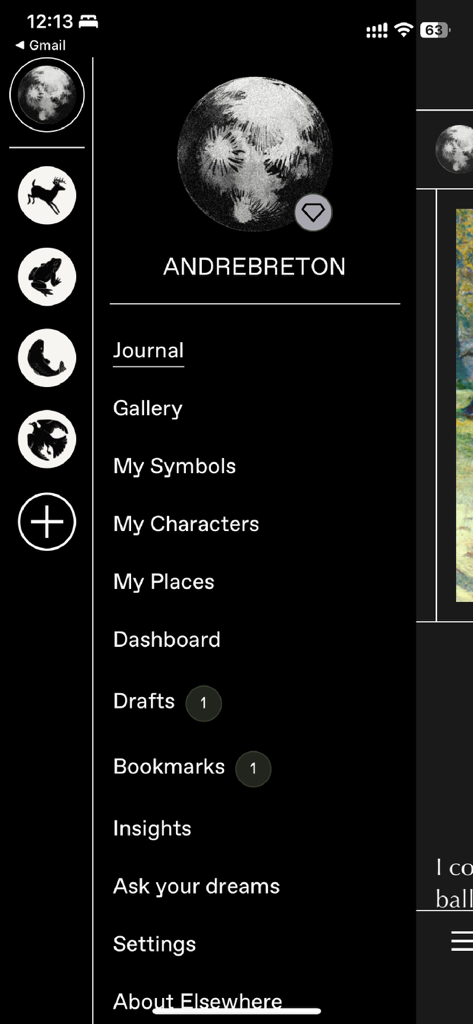Elsewhere Dream Journal - The side navigation menu of the Elsewhere Dream Journal app showing symbols and dream tracking features