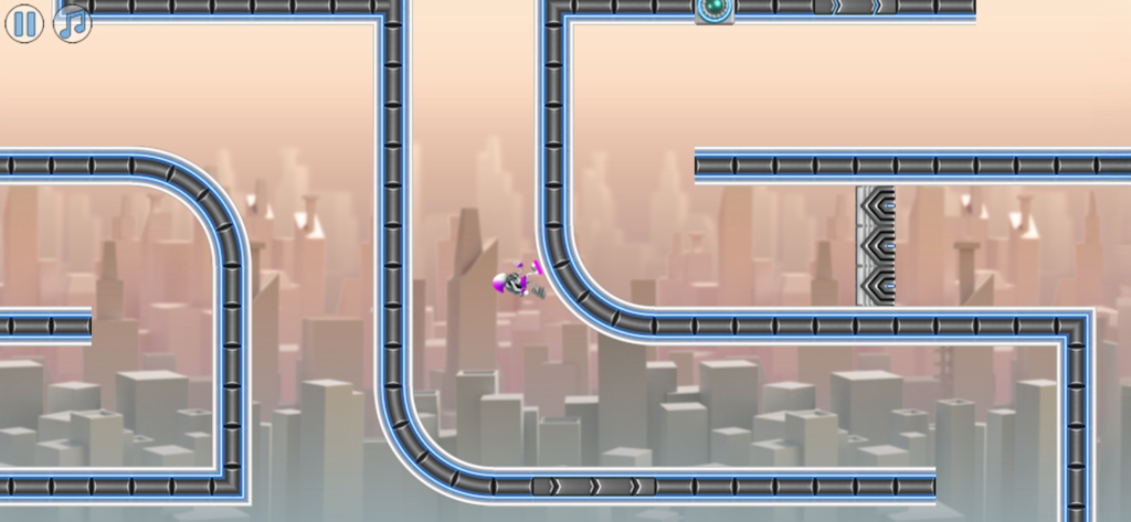 G-Switch 2 - 미래적인 도시 스카이라인을 배경으로 고속 트랙에서 중력을 반전시키는 로봇 캐릭터