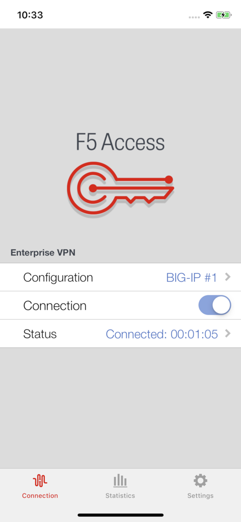 F5 Access - Interface de l'application mobile F5 Access affichant le statut d'une connexion VPN d'entreprise