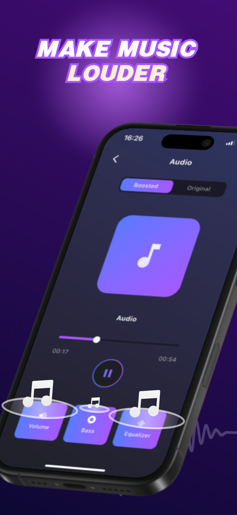 Louder Volume: Sound Booster - Louder Volume App-Oberfläche mit Lautstärke- und Bass-Booster-Reglern auf einem iPhone