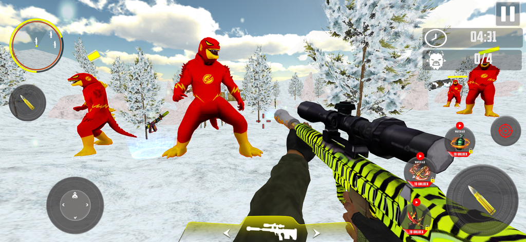 Animal Hunter: Dinosaur Games - A first-person view of a sniper aiming at red monster dinosaurs in a snowy mountain environment in Animal Hunter Dinosaur Games.