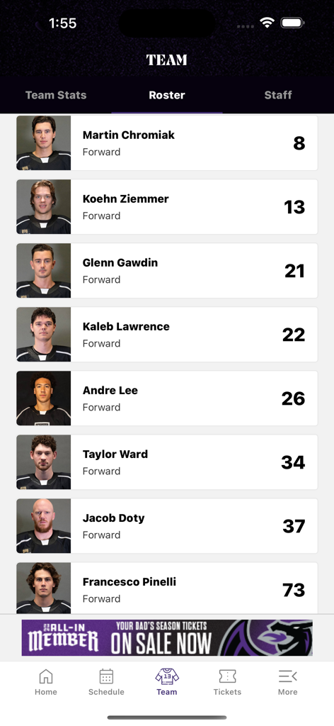Ontario Reign - Ontario Reign mobile app player roster showing names and jersey numbers