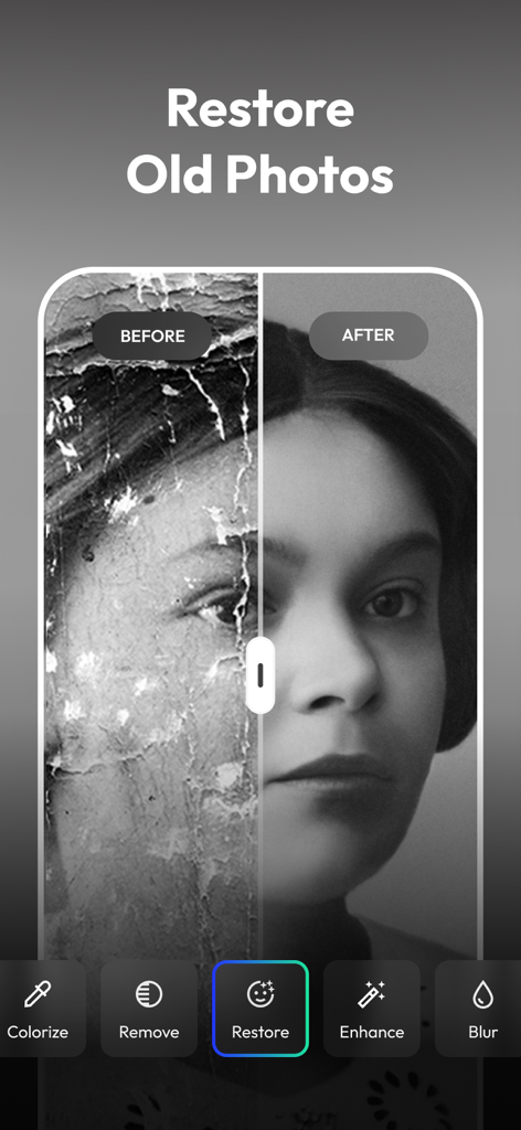 PixelUp: AI Photo Enhancer - A side-by-side comparison of a damaged vintage photo before and after being restored with PixelUp AI