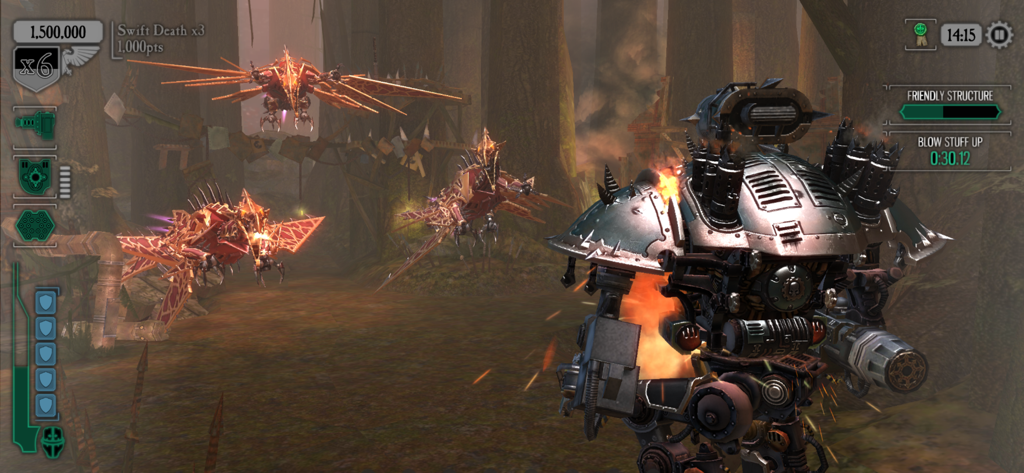 Warhammer 40,000: Freeblade - An Imperial Knight robot engages in combat with flying mechanical enemies in a dark forest setting.