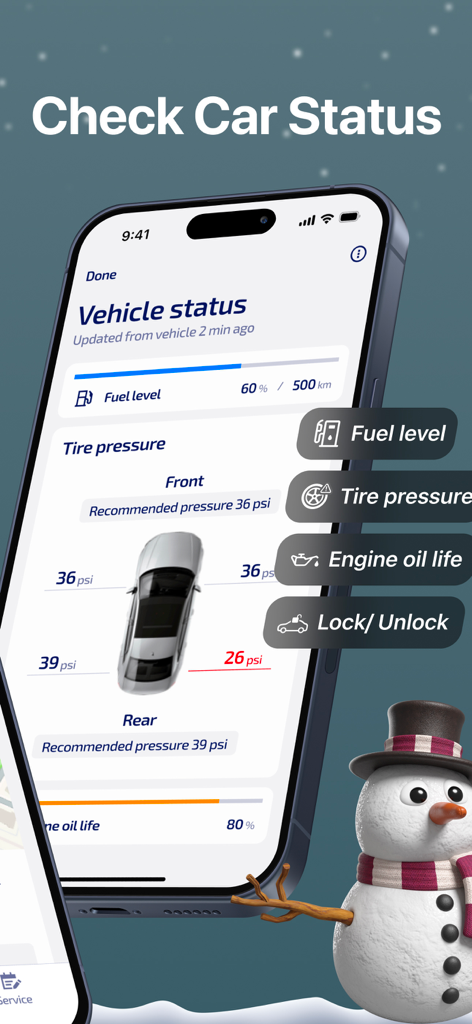 KeyConnect app screen showing real-time vehicle status for fuel level, tire pressure, and engine oil life on an iPhone.