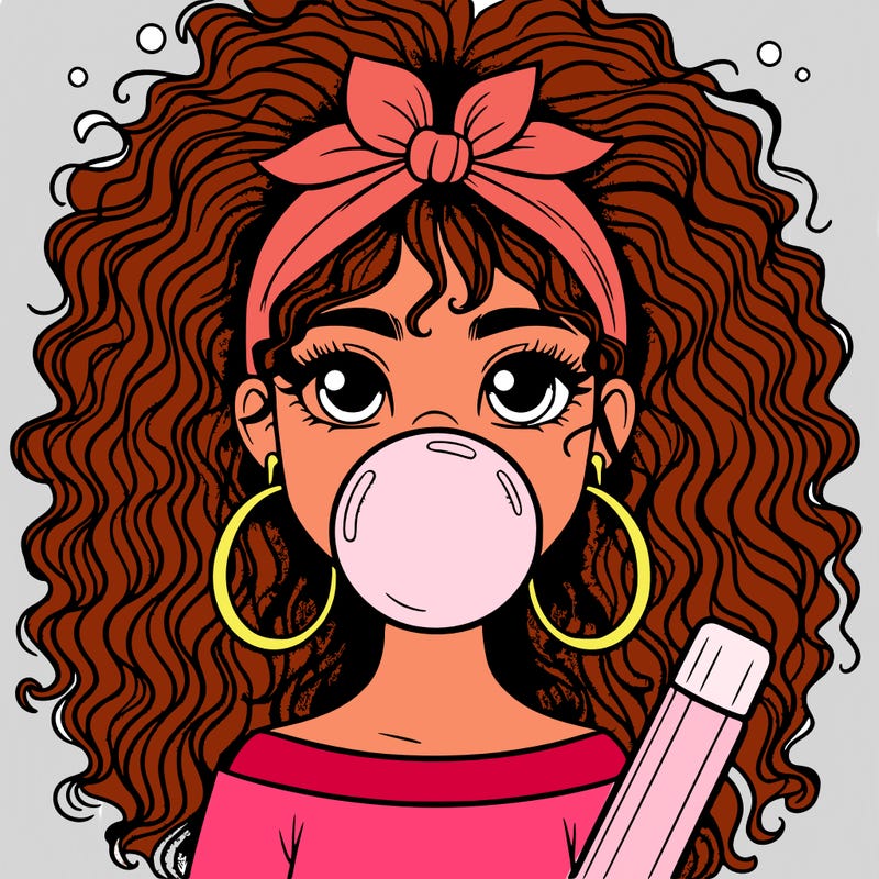 a girl with curly hair blowing a bubble with bubble gum and with big hoop earrings
