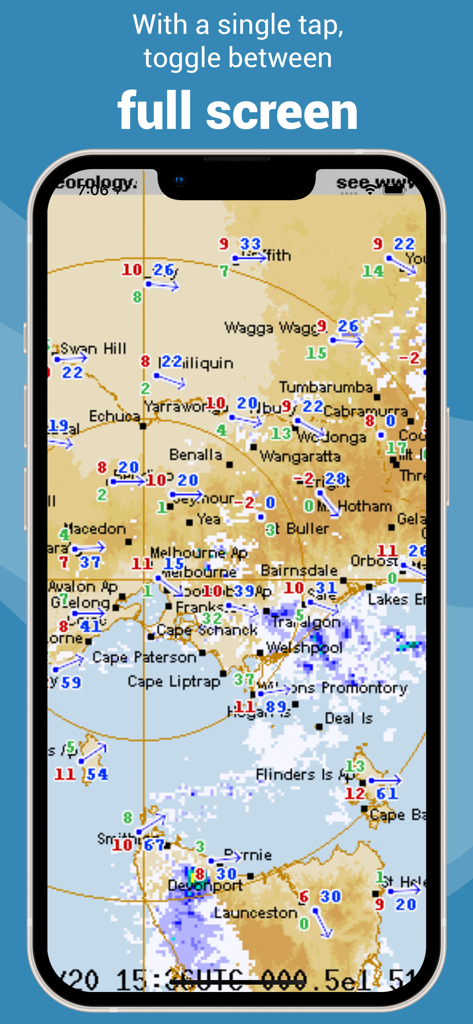 Rain Radar Australia app interface showing a full screen weather map with wind and rain overlays