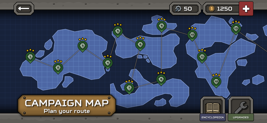 Tactical War 2: Tower Defense - Tactical War 2 campaign map showing mission progress and level selection