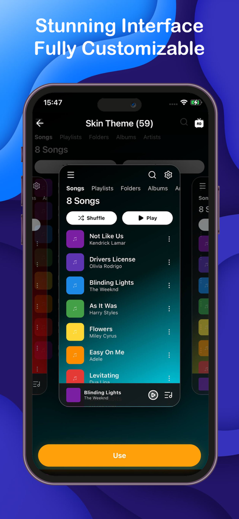 Offline Music Player: Sonix - Una vista previa de la interfaz del reproductor de música sin conexión Sonix que muestra temas personalizables y una lista de reproducción de música.