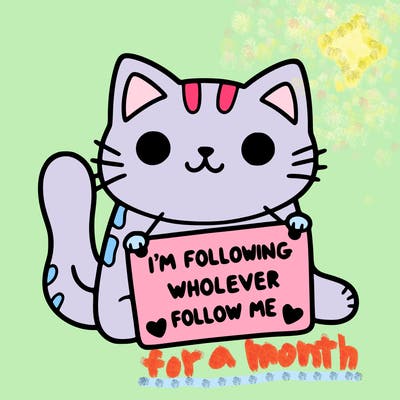 cat with a sign that says i’m following whoever follows me