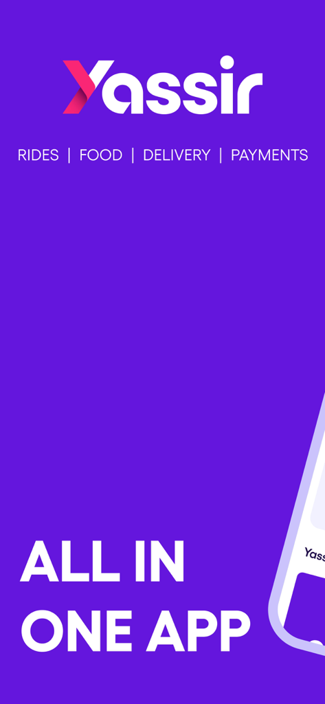 Yassir promotional screen displaying the logo and services including rides food delivery and payments