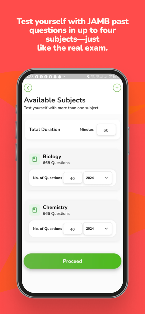 JAMB Past Questions & Answers - Mobile app interface for JAMB exam preparation showing subject selection for Biology and Chemistry practice tests.
