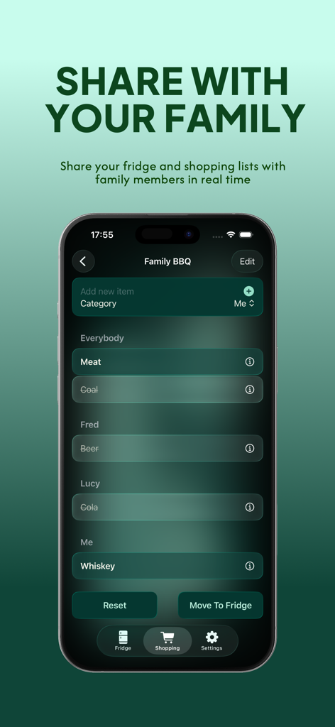 Fridgea - kitchen stock helper - Fridgea app interface showing a shared family shopping list with items assigned to different members