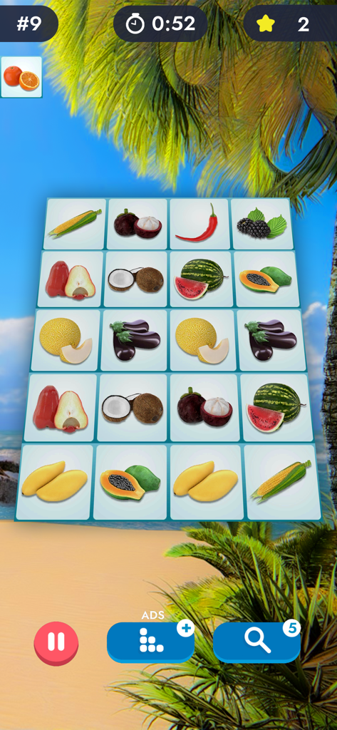 Match Pairs 3D: Matching Game - Match Pairs 3D game screen showing a grid of fruit tiles on a tropical beach background