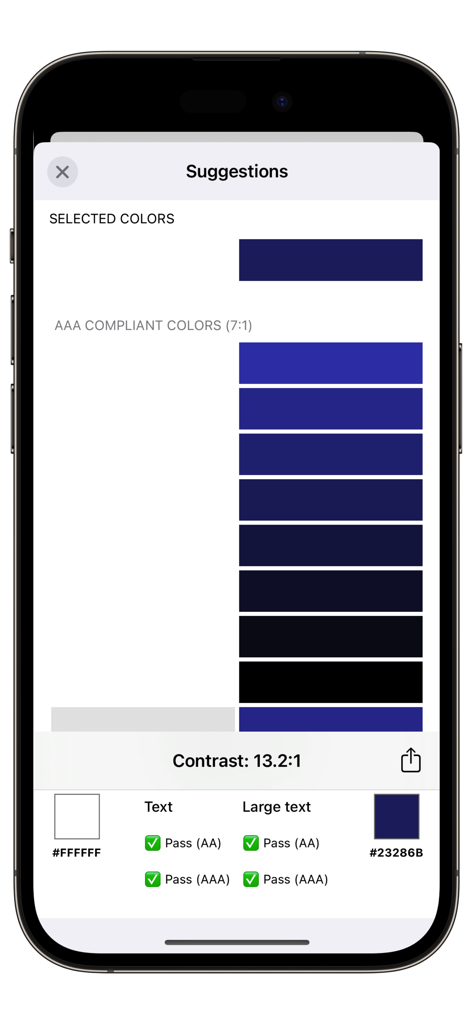Écran d'application mobile montrant des suggestions de contraste de couleurs et des résultats réussis pour la conformité d'accessibilité WCAG AAA