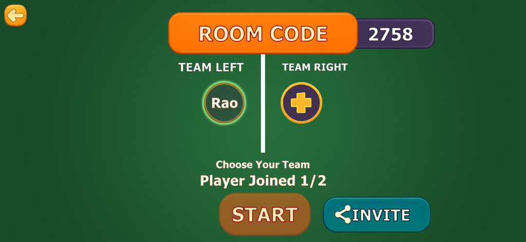 Bukharo - Bukharo card game private lobby screen showing a 4 digit room code and team selection for Team Left and Team Right
